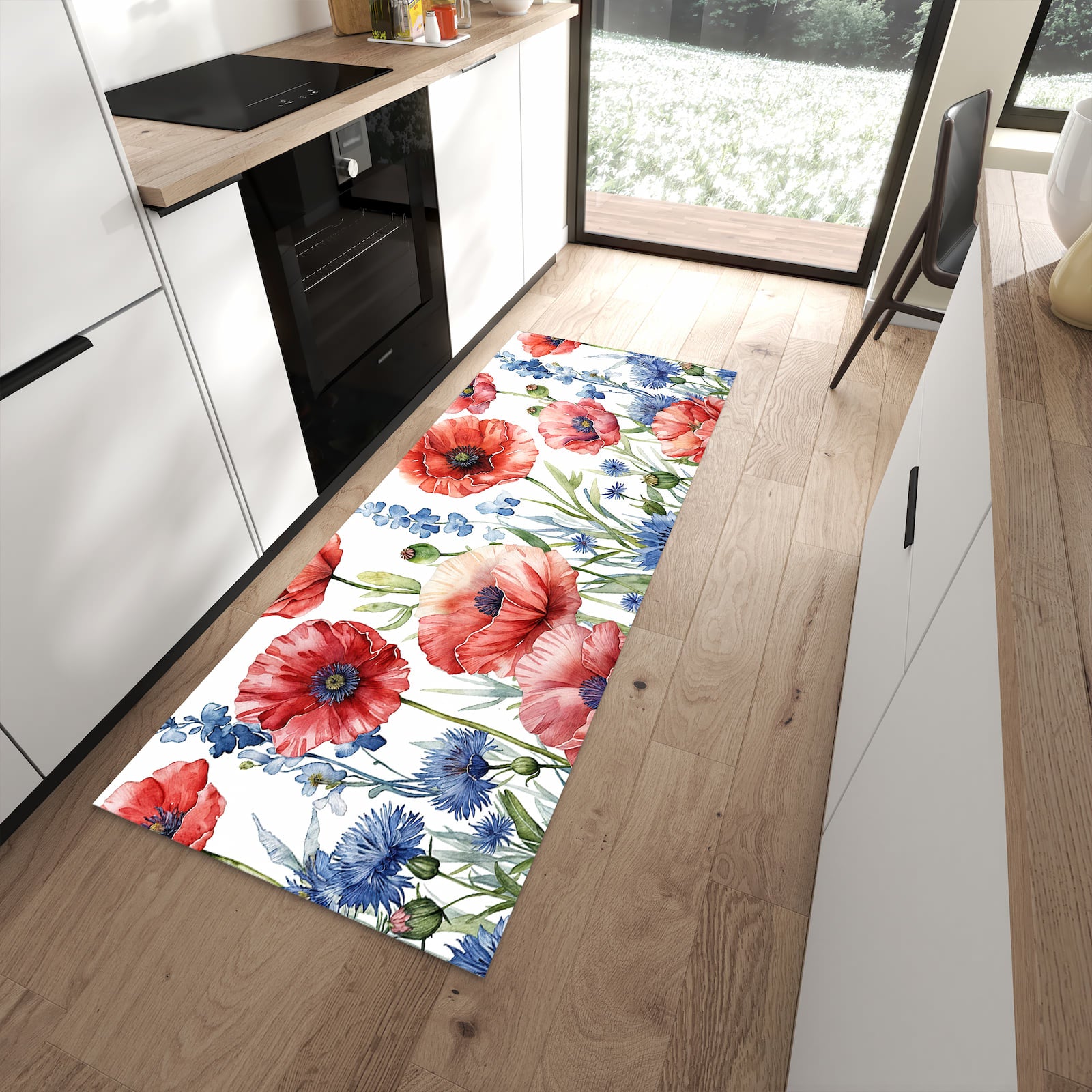 Rutschfester Küchenläufer mit Motiv Blumenwiese Kunstvoll in moderner Küche
