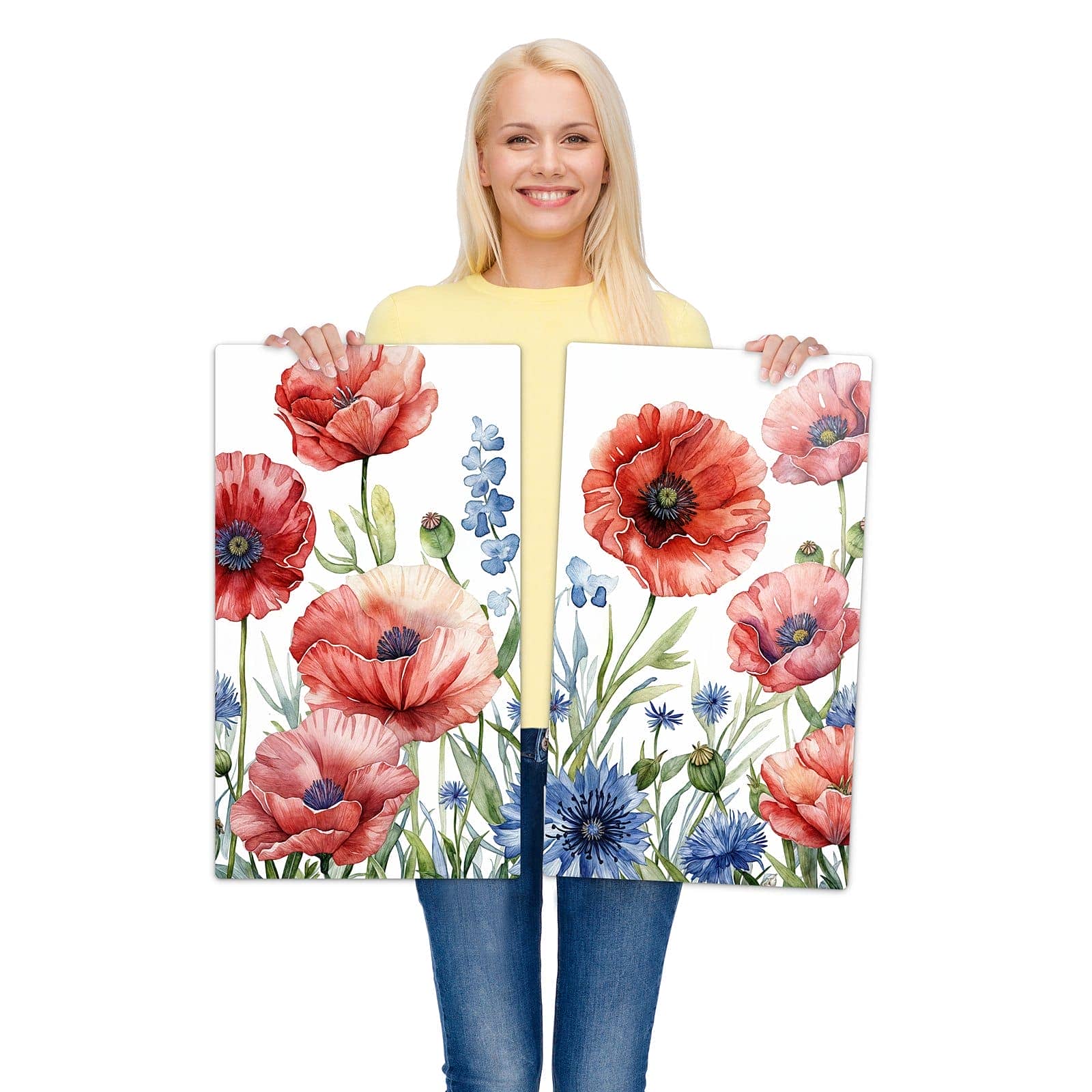 2-teilige Abdeckplatten für Ceranfeld mit Blumenwiese Kunstvoll-Motiv wird zur Größendarstellung gehalten