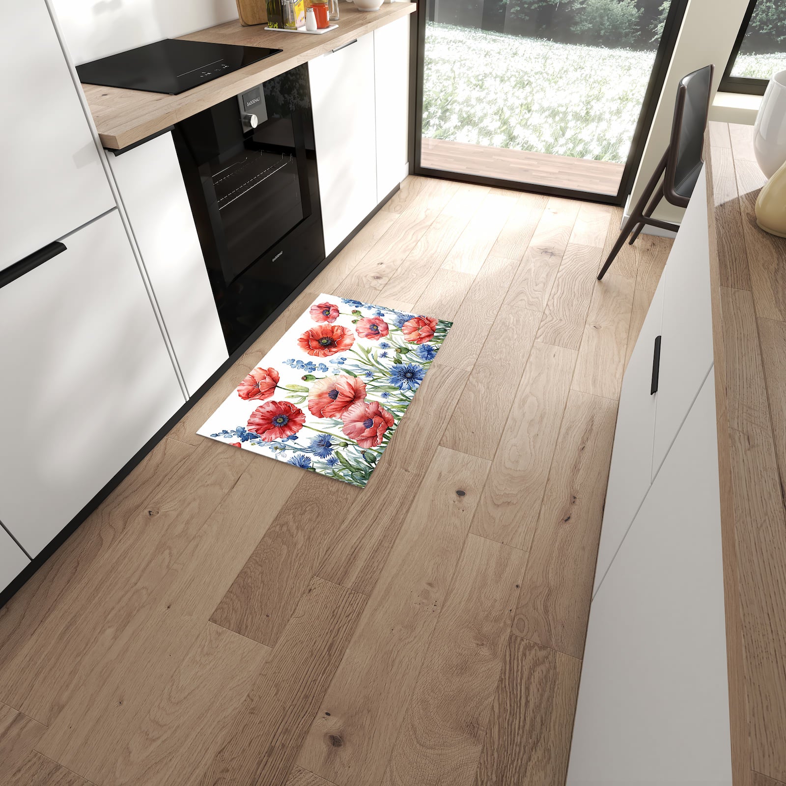 Komfortabler Küchenläufer mit Motiv Blumenwiese Kunstvoll in moderner Küche