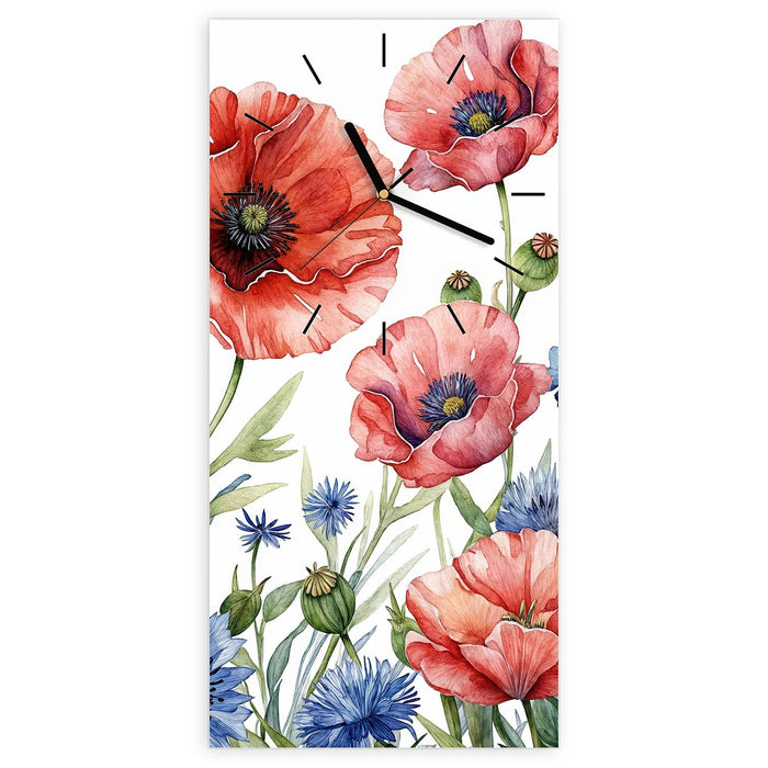 Wanduhr Blumenwiese Kunstvoll aus Glas – Hochformat 30 × 60 cm mit Ziffernblatt Linie