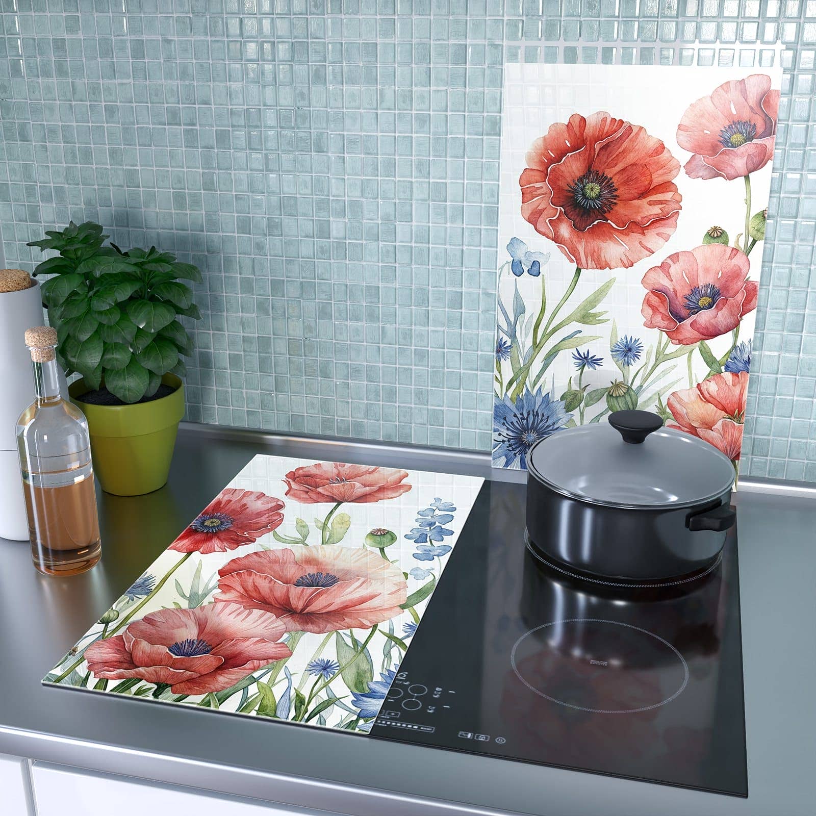 2-teilige Herdabdeckplatte mit Blumenwiese Kunstvoll-Motiv als Spritzschutz hinter dem Kochfeld