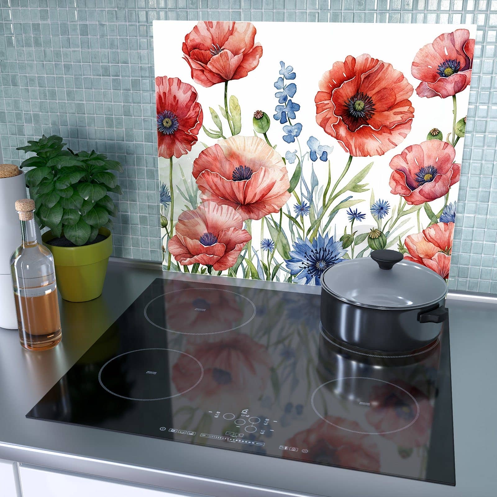 1-teilige Abdeckplatten für Herd mit Blumenwiese Kunstvoll-Motiv als Spritzschutz hinter dem Kochfeld