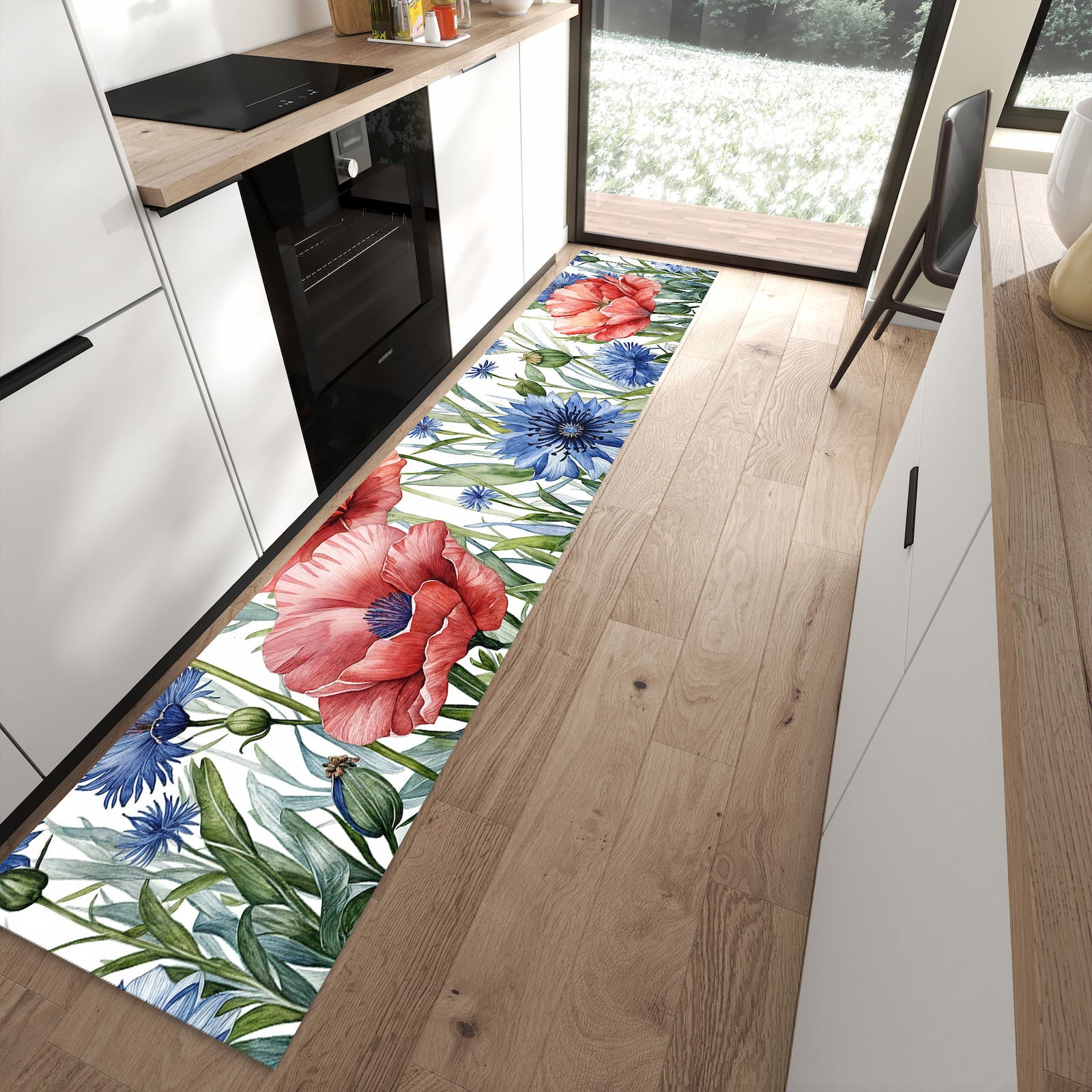 Pflegeleichter Läufer für die Küche mit Motiv Blumenwiese Kunstvoll in moderner Küche