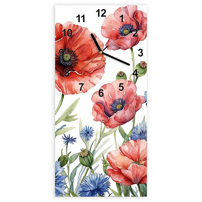 Wanduhr Blumenwiese Kunstvoll aus Glas – Hochformat 30 × 60 cm mit Ziffernblatt Modern