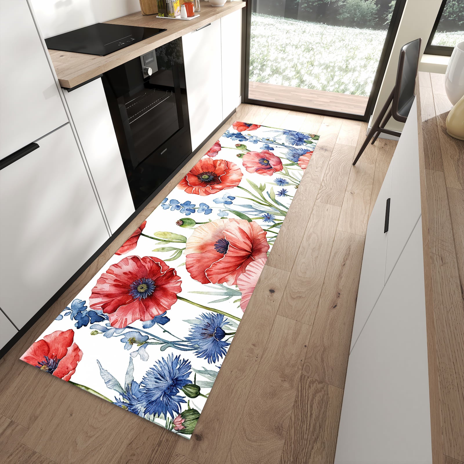 Pflegeleichter Küchenläufer mit Motiv Blumenwiese Kunstvoll in moderner Küche