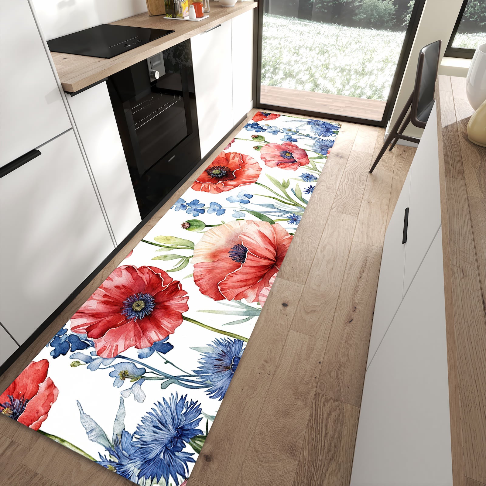 Hygienischer Küchenteppich mit Motiv Blumenwiese Kunstvoll in moderner Küche - waschbar