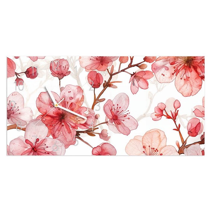 Wanduhr Blumenmuster Blüten aus Glas – Querformat 60 × 30 cm mit Ziffernblatt Elegant