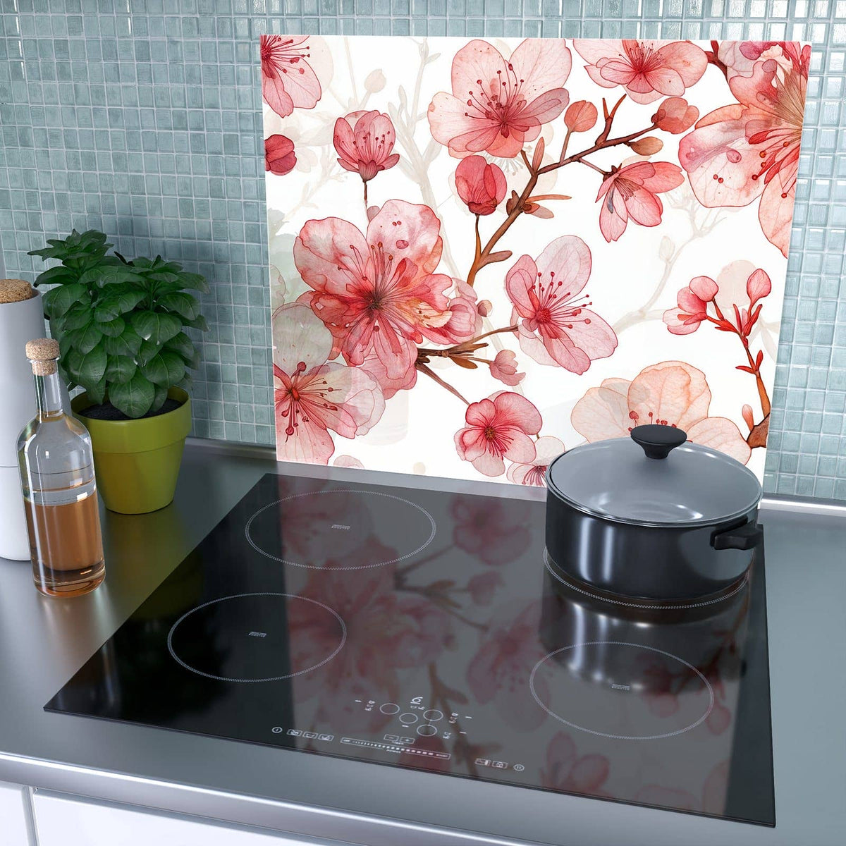 2-teilige Glasplatte für Herd mit Blumenmuster Blüten-Motiv auf dem Ceranfeld