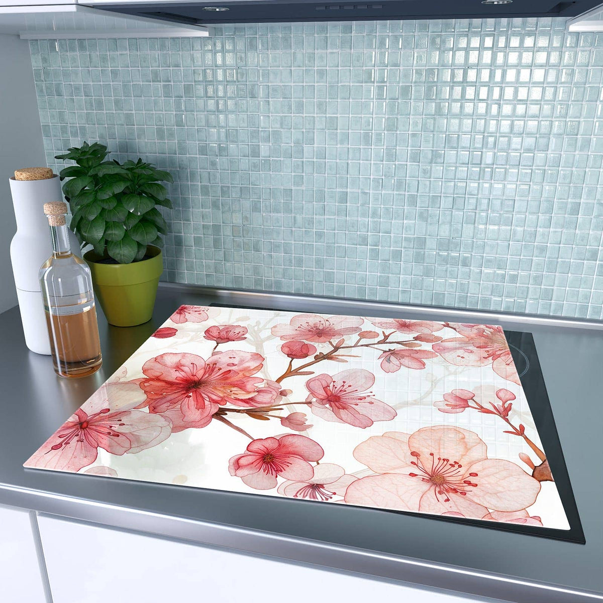1-teilige Glasabdeckplatte für Ceranfeld mit Blumenmuster Blüten-Motiv auf dem Ceranfeld