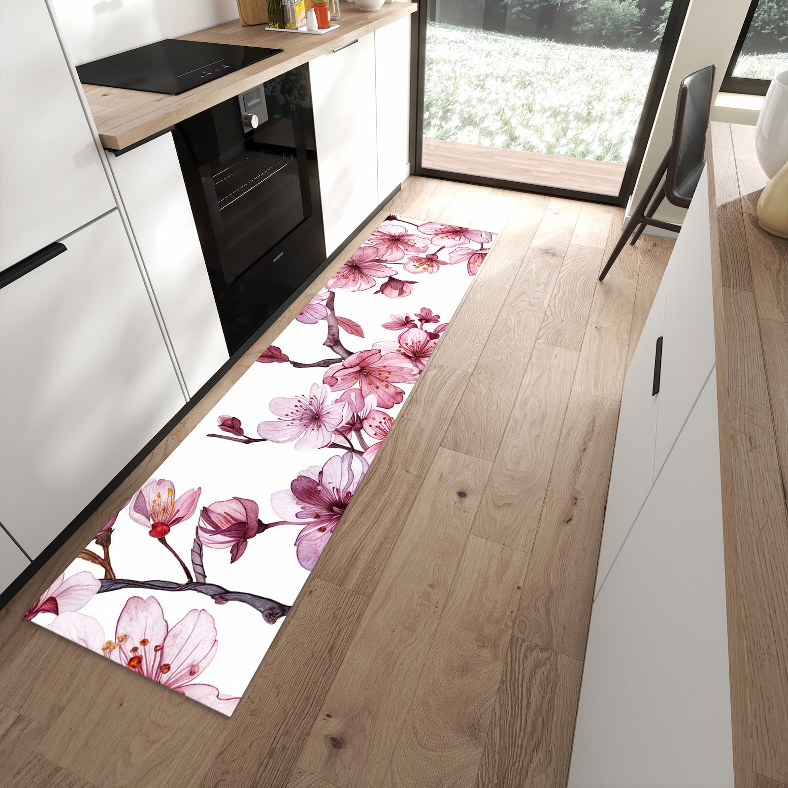 Pflegeleichter Küchenteppich mit Motiv Blütenmeer in moderner Küche
