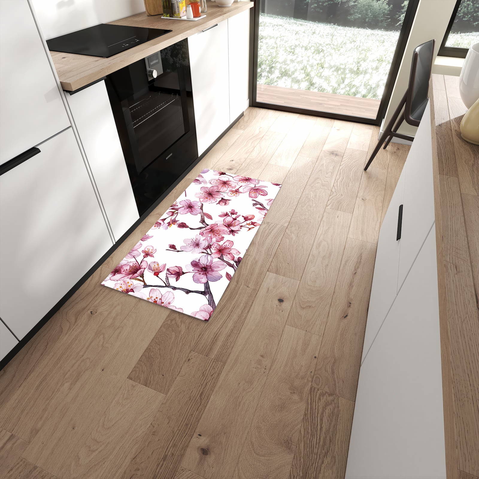 Geruchsneutraler waschbarer Küchenteppich mit Motiv Blütenmeer in moderner Küche #grösse_60 x 120 cm