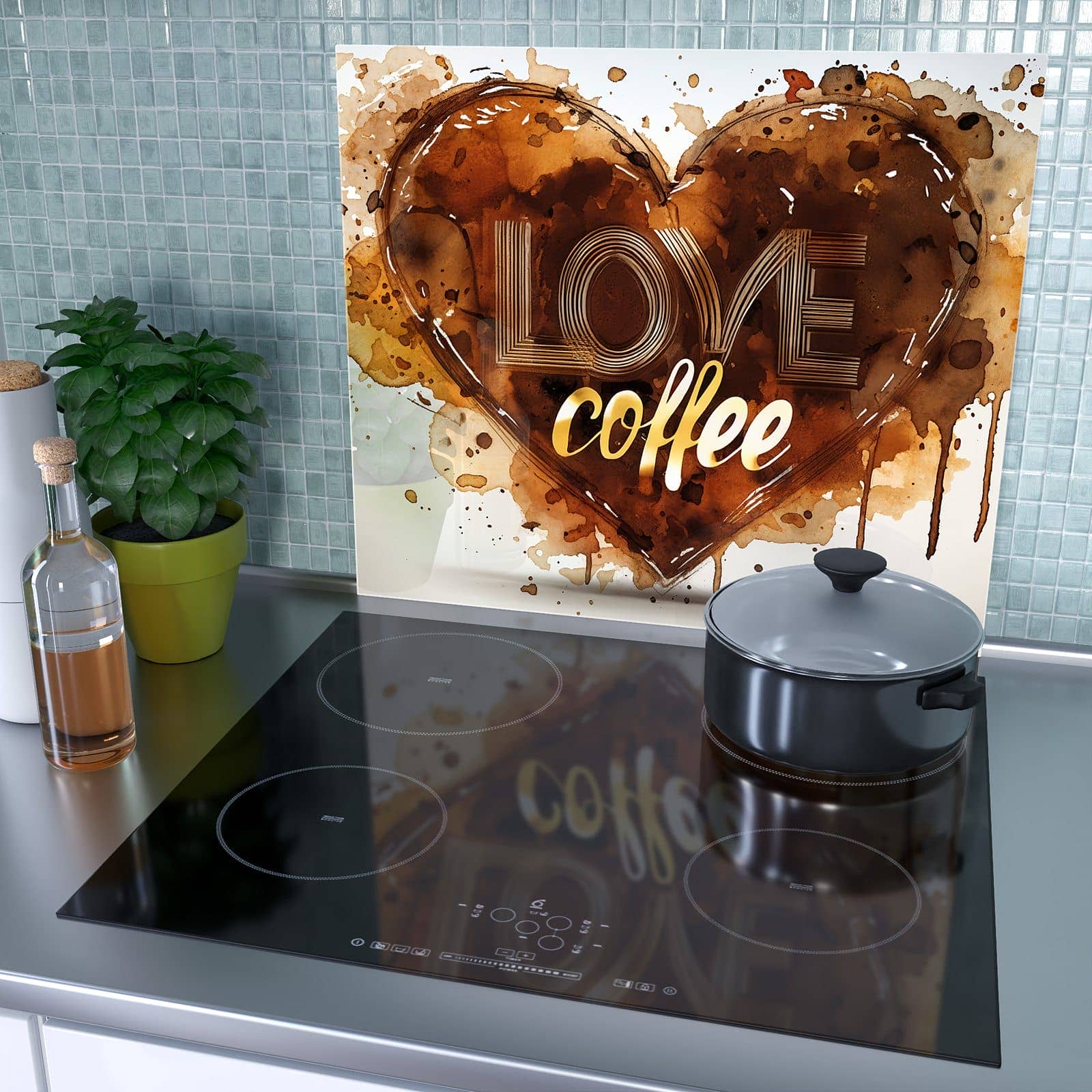 1-teilige Herdabdeckung aus Holz mit Kaffeeherz-Motiv als Spritzschutz hinter dem Kochfeld