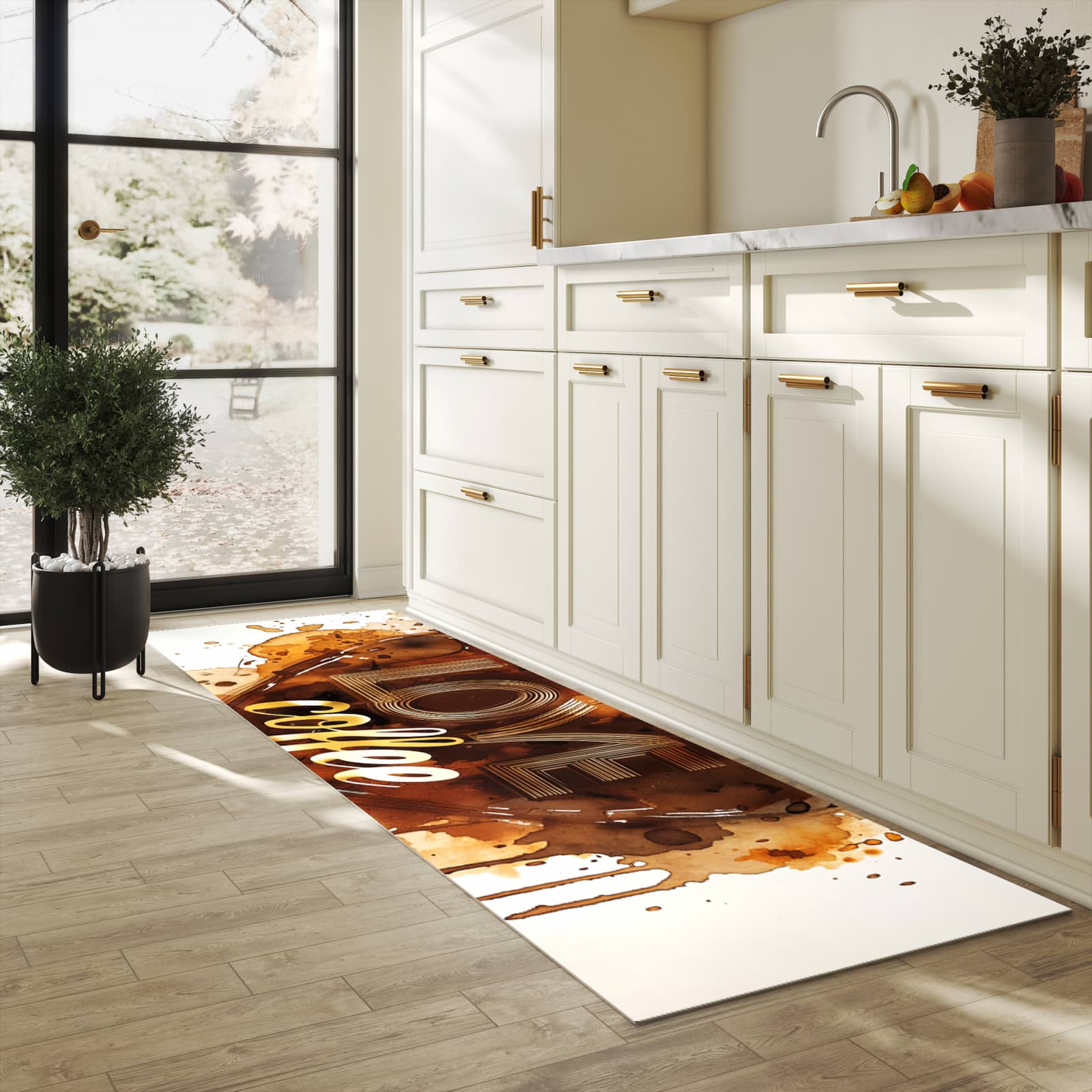 Formstabiler rutschfester Küchenteppich mit Motiv Kaffeeherz in heller Küche