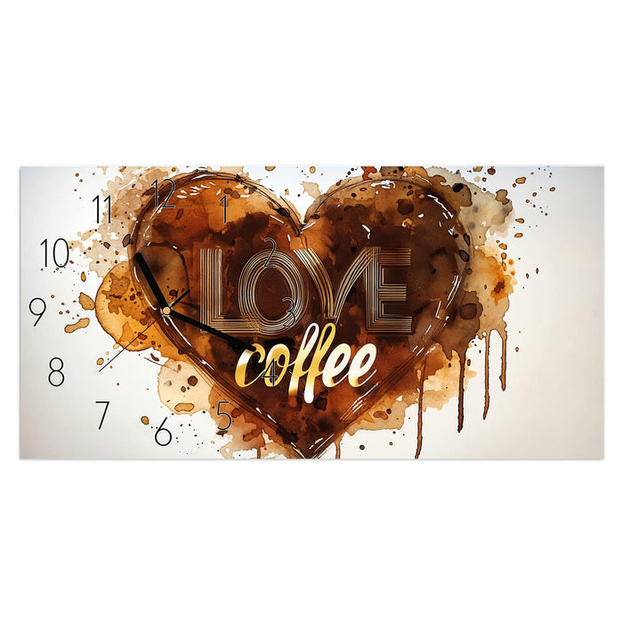 Wanduhr Kaffeeherz aus Glas – Querformat 60 × 30 cm mit Ziffernblatt Elegant