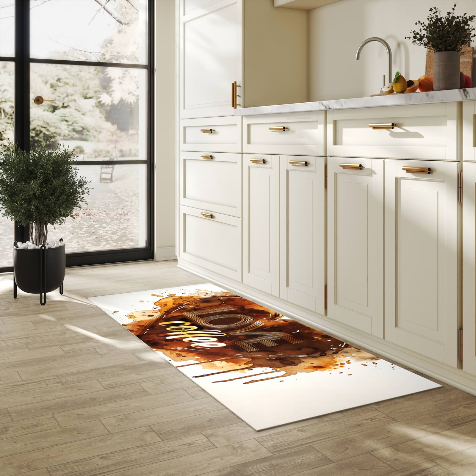 Bodenschonender waschbarer Küchenteppich mit Motiv Kaffeeherz in heller Küche