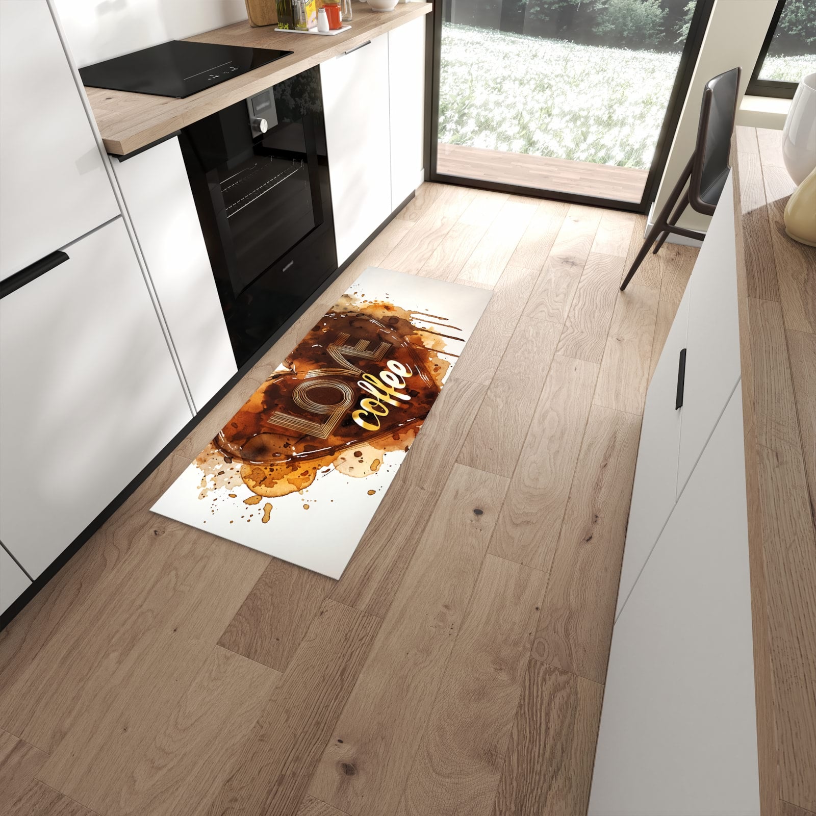 Bodenschonender langer Teppich mit Motiv Kaffeeherz in moderner Küche #grösse_60 x 150 cm