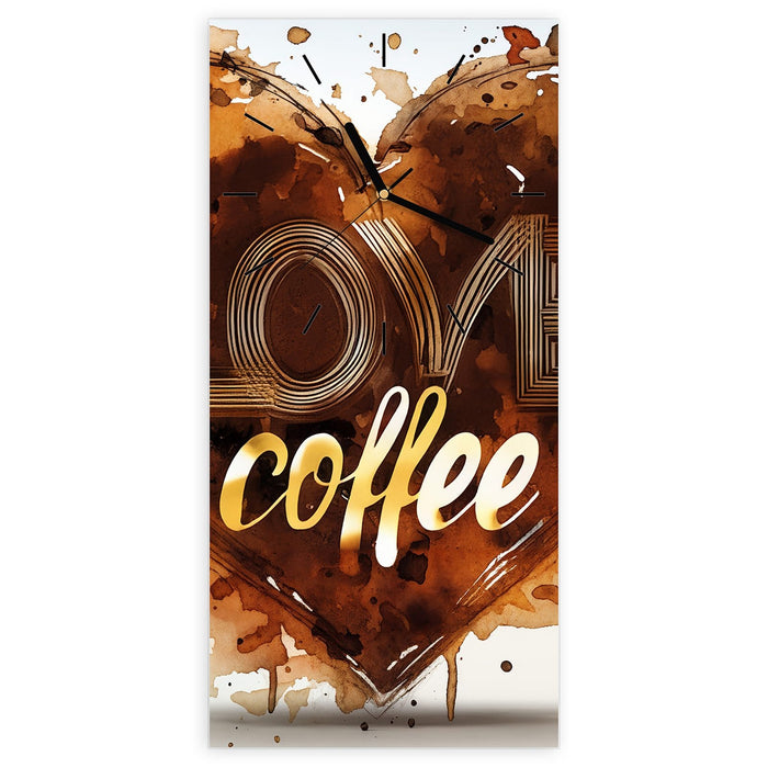 Wanduhr Kaffeeherz aus Glas – Hochformat 30 × 60 cm mit Ziffernblatt Linie
