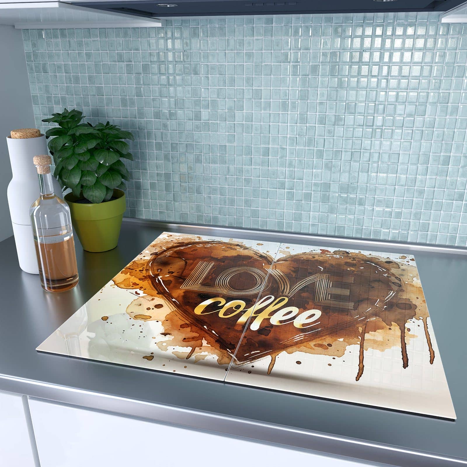 2-teilige Ceranfeldabdeckungen mit Kaffeeherz-Motiv auf dem Ceranfeld