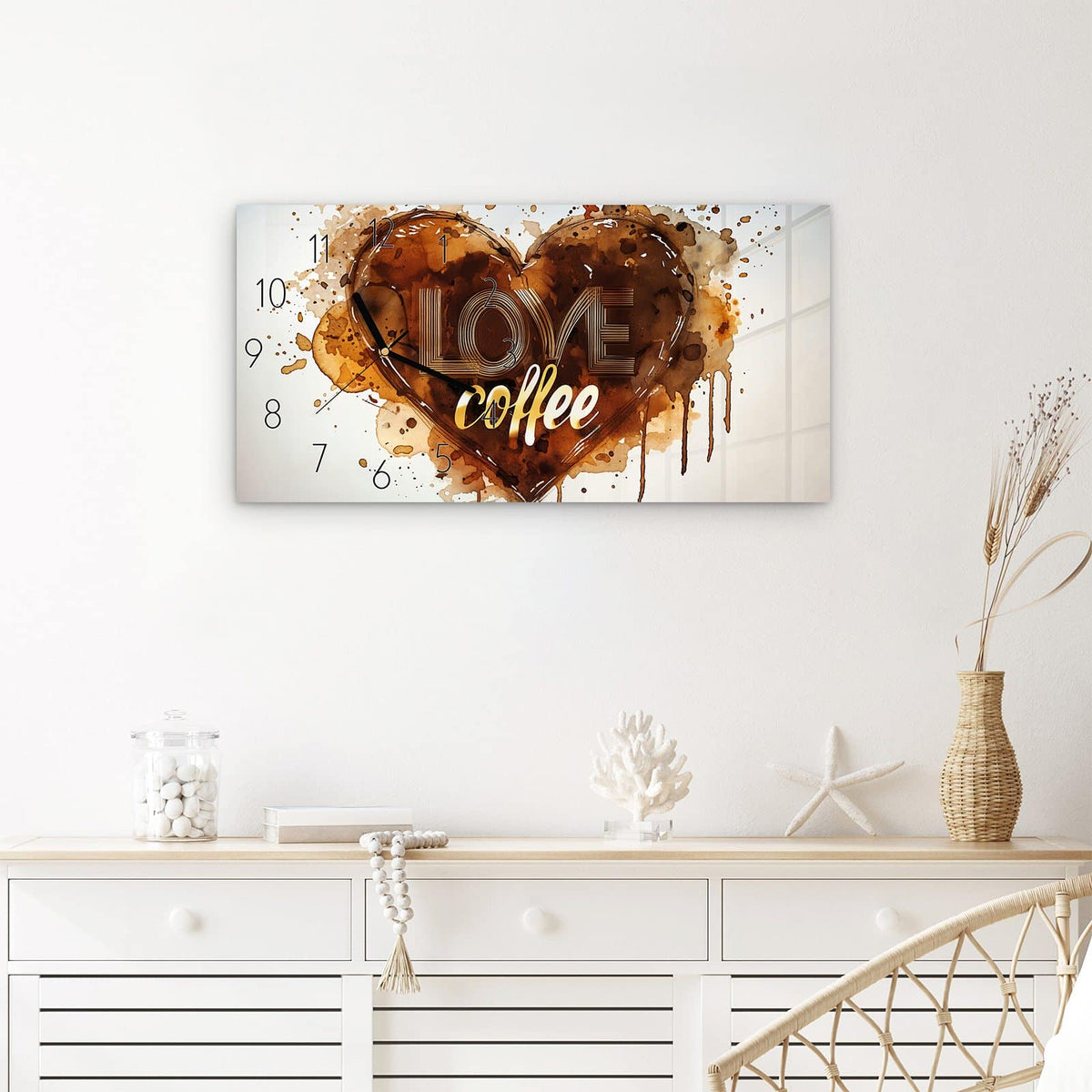 Wanduhr Kaffeeherz aus Glas – Querformat 60 × 30 cm – Aquarellherz in Kaffeebraun