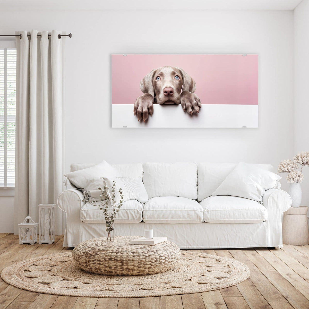 Wandbild - Weimaraner Welpe - Querformat – Welpe mit blauen Augen vor Rosa