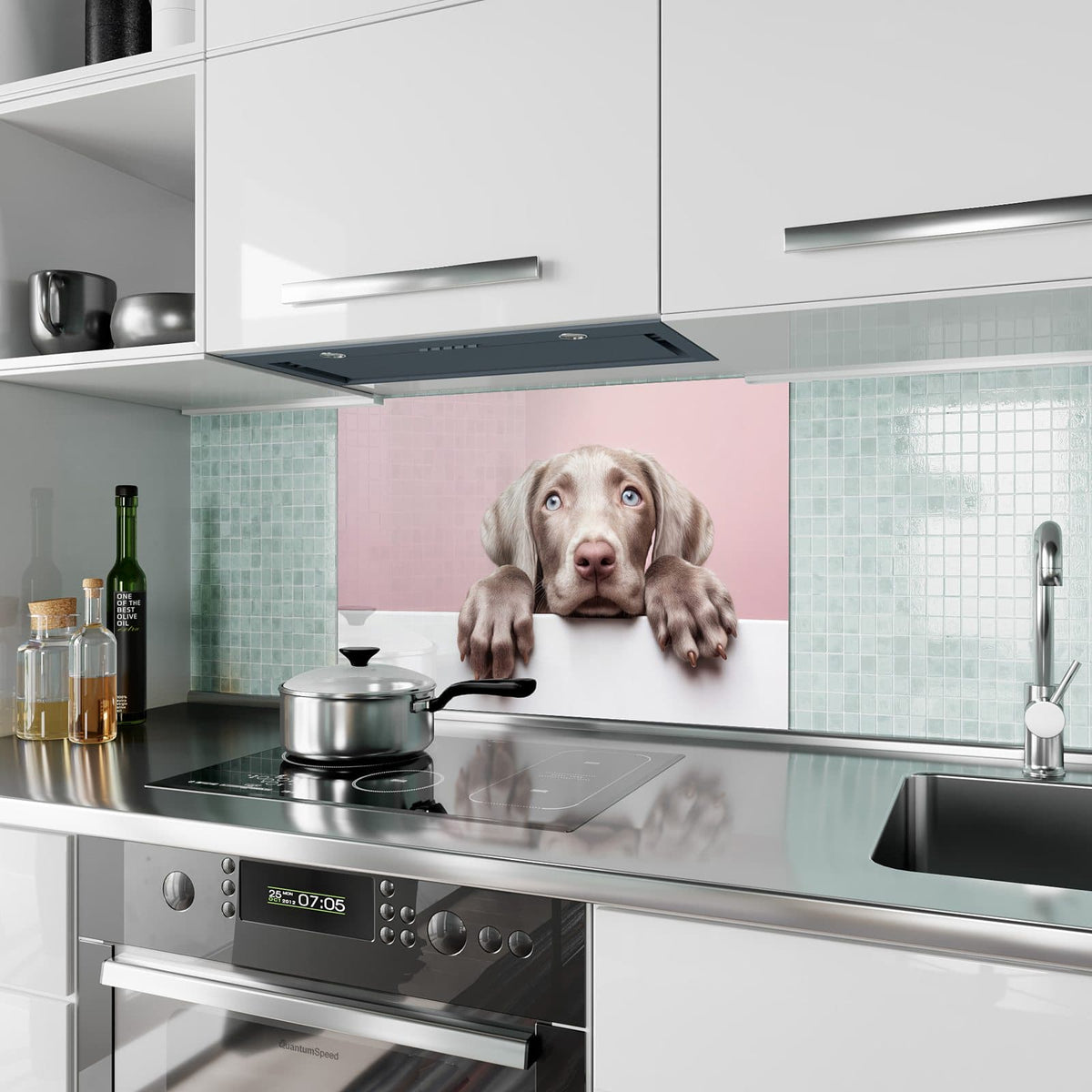 Küchenrückwand aus Glas Weimaraner Welpe im Hochformat als Spritzschutz hinter dem Kochfeld, über dem Fliesenspiegel montiert