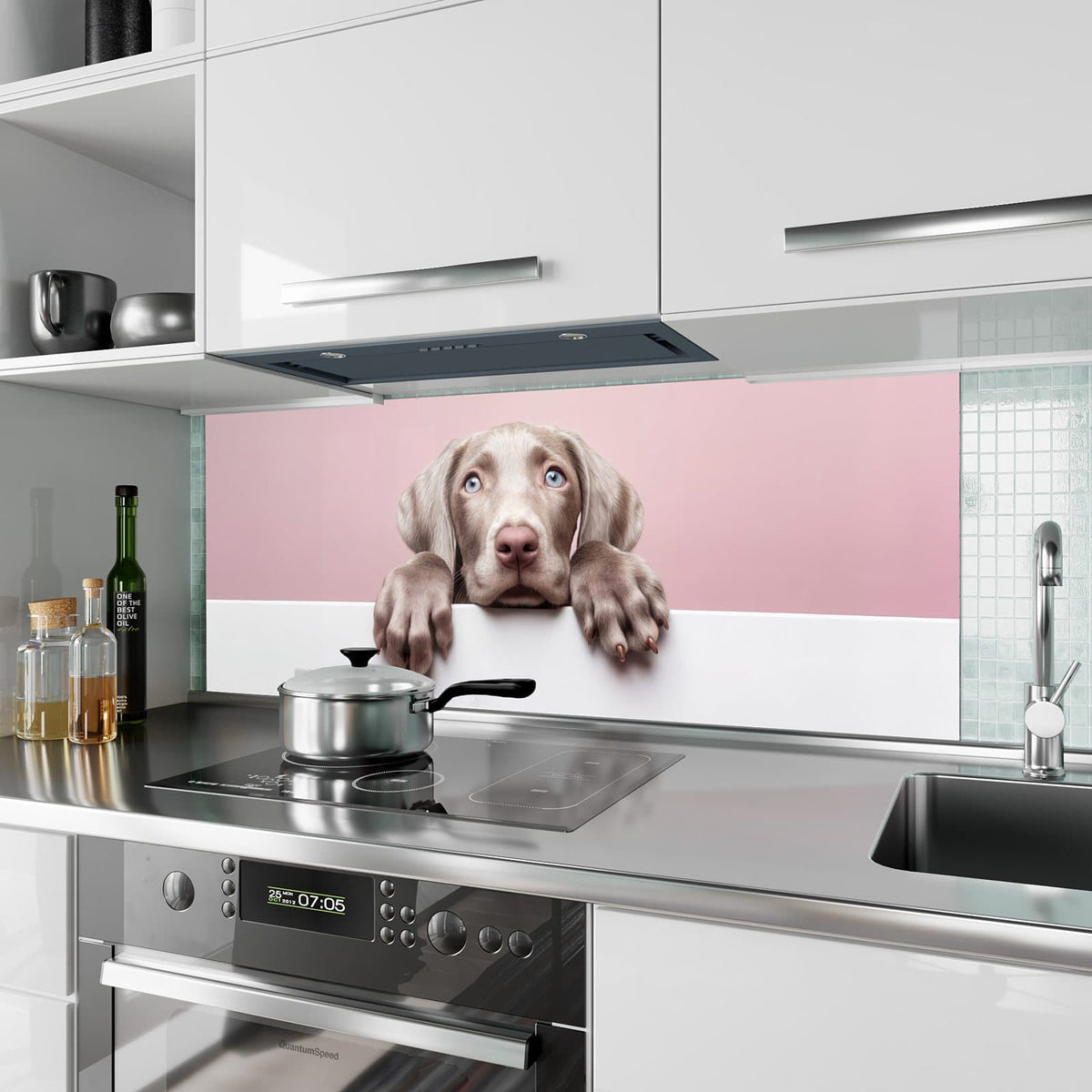 Küchenrückwand aus Glas Weimaraner Welpe im Hochformat als Spritzschutz hinter dem Kochfeld, über dem Fliesenspiegel montiert