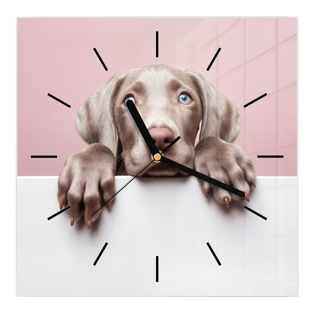 Wanduhr aus Glas, Ziffernblatt Linie: Weimaraner-Welpe mit hellblauen Augen schaut über eine weiße Wand, rosa Hintergrund