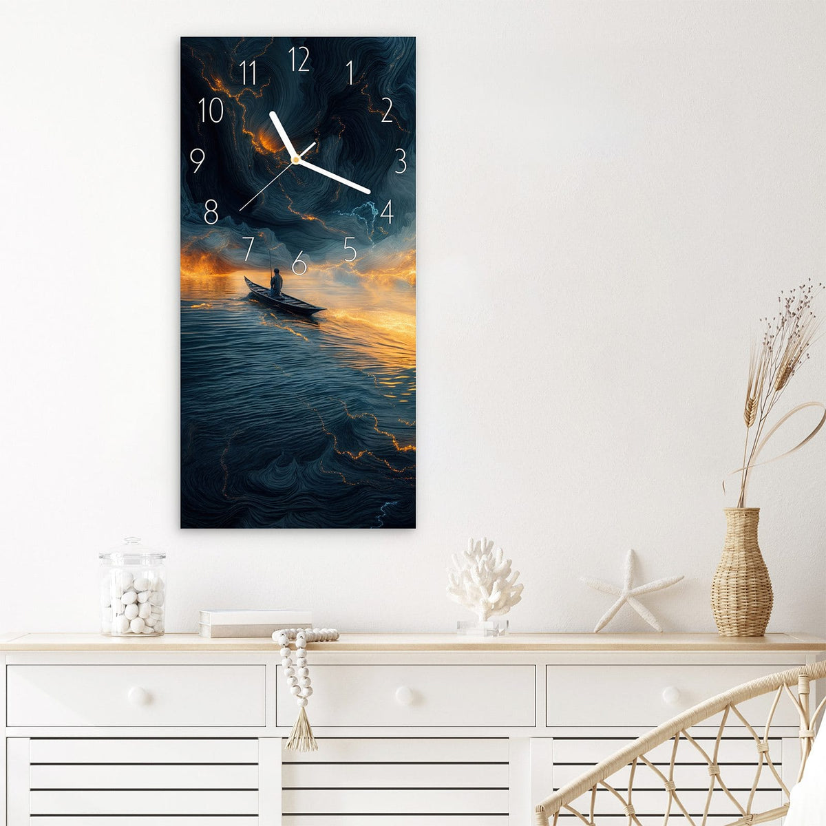 Wanduhr Feuer und Wasser aus Glas – Ruderboot zwischen Lava und Meer