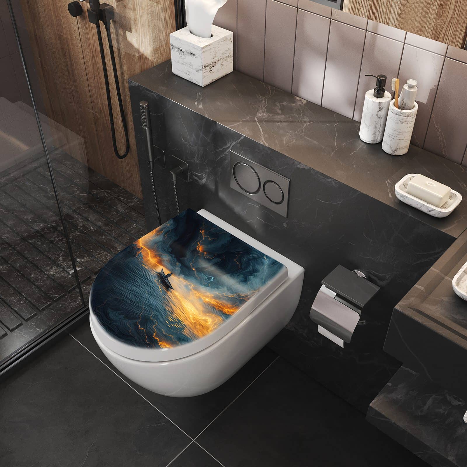 WC-Sitz mit Absenkautomatik Feuer und Wasser