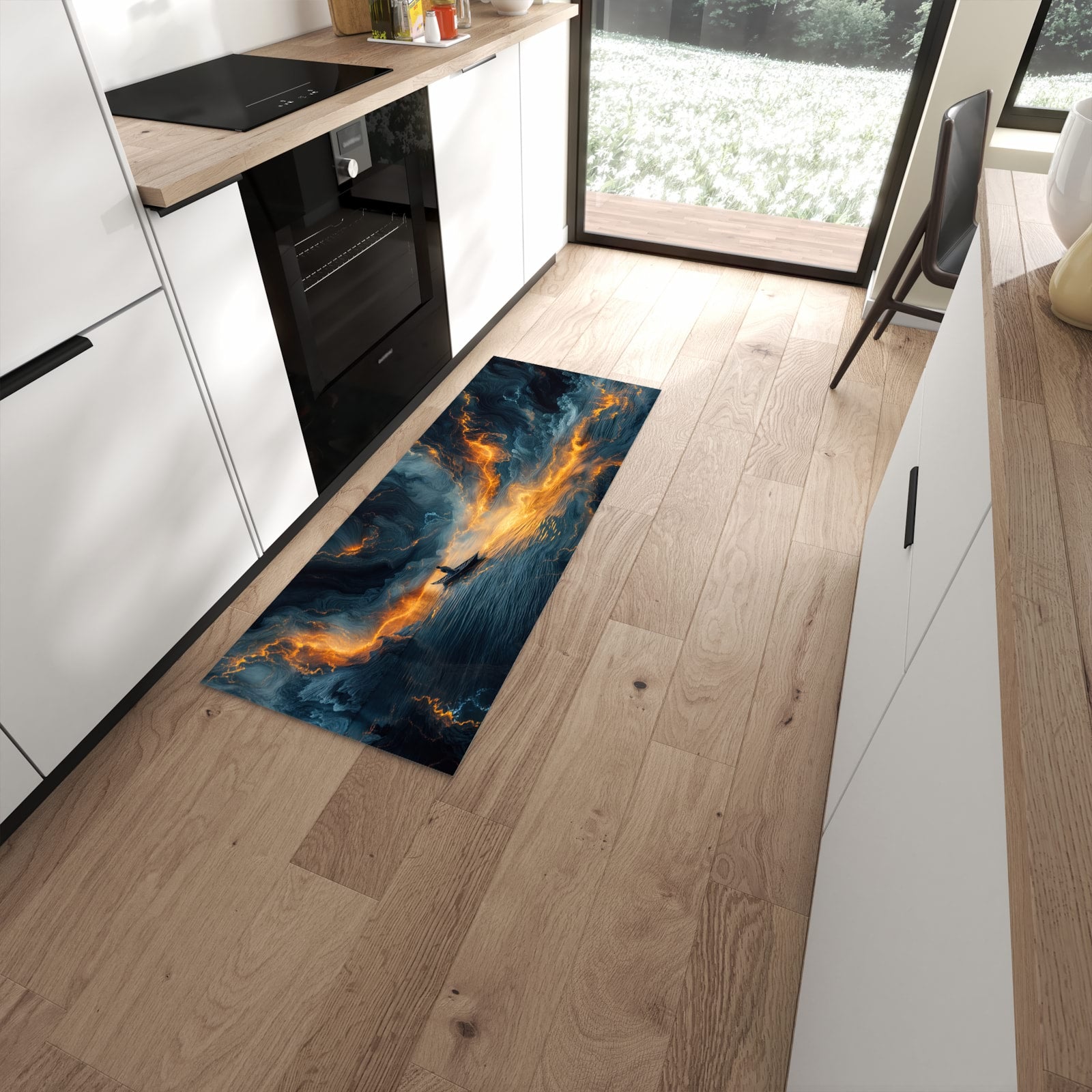 Formstabiler rutschfester Küchenläufer mit Motiv Feuer und Wasser in moderner Küche #grösse_60 x 150 cm