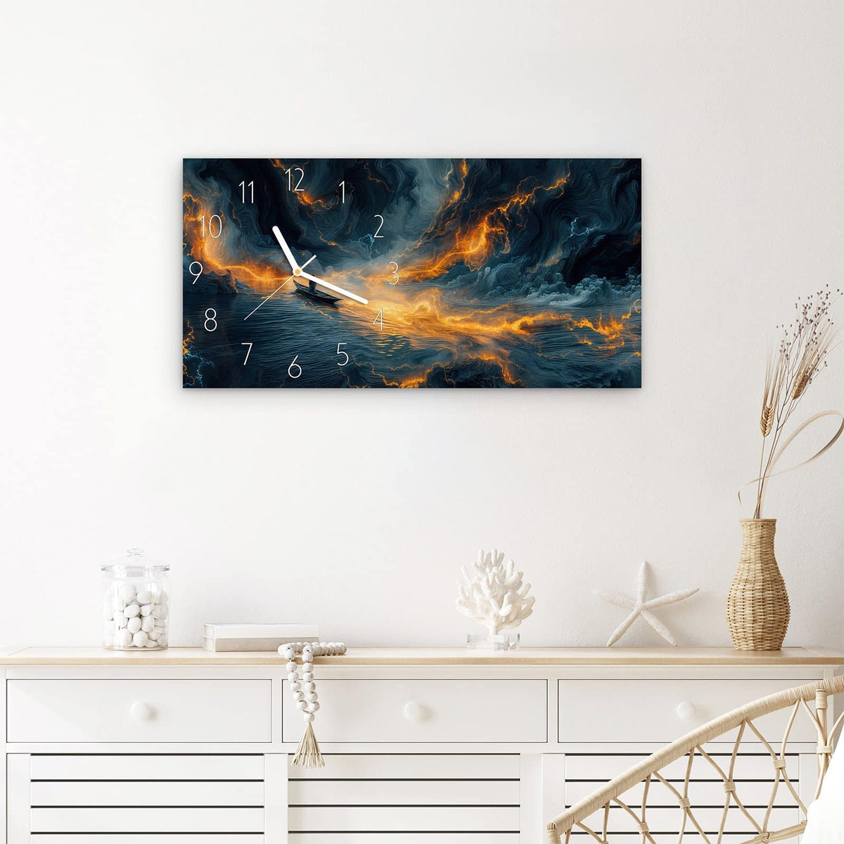 Wanduhr Feuer und Wasser aus Glas – Querformat 60 × 30 cm – Ruderboot zwischen Lava und Meer