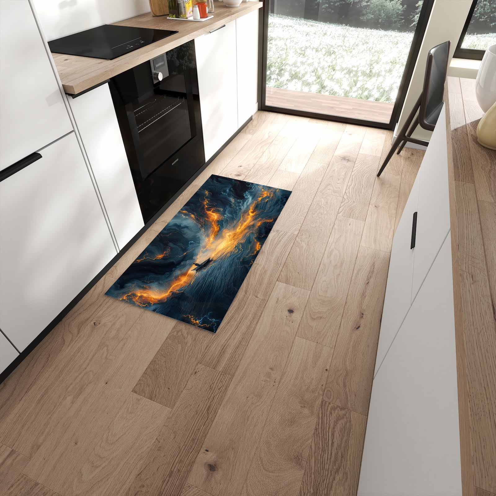 Farbbeständiger waschbarer Küchenläufer mit Motiv Feuer und Wasser in moderner Küche #grösse_60 x 120 cm