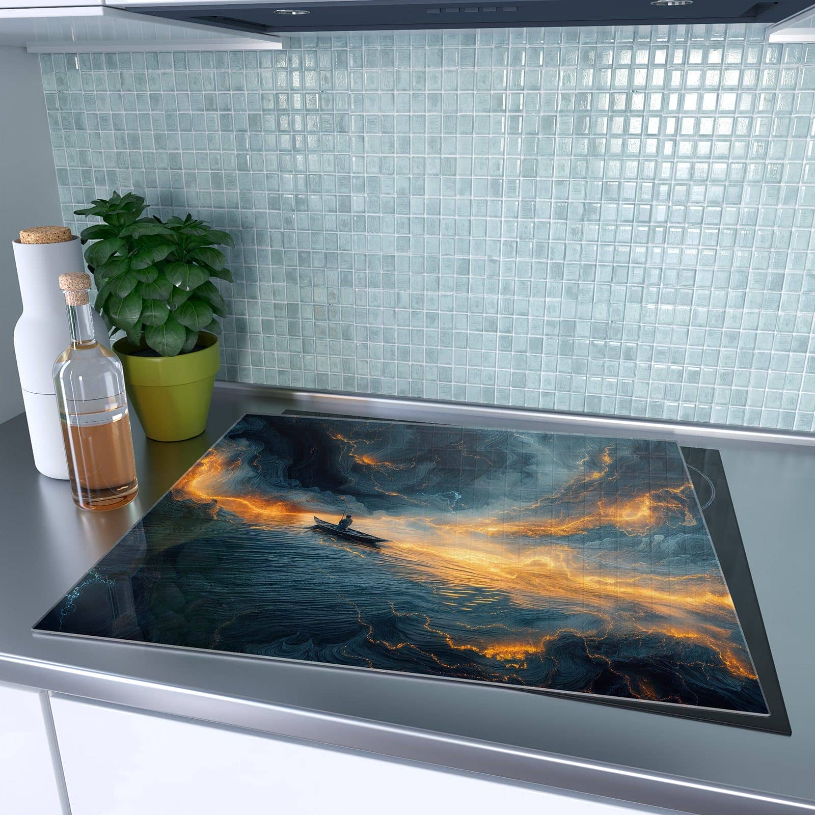 1-teilige Glasabdeckplatte für Ceranfeld mit Feuer und Wasser-Motiv auf dem Ceranfeld