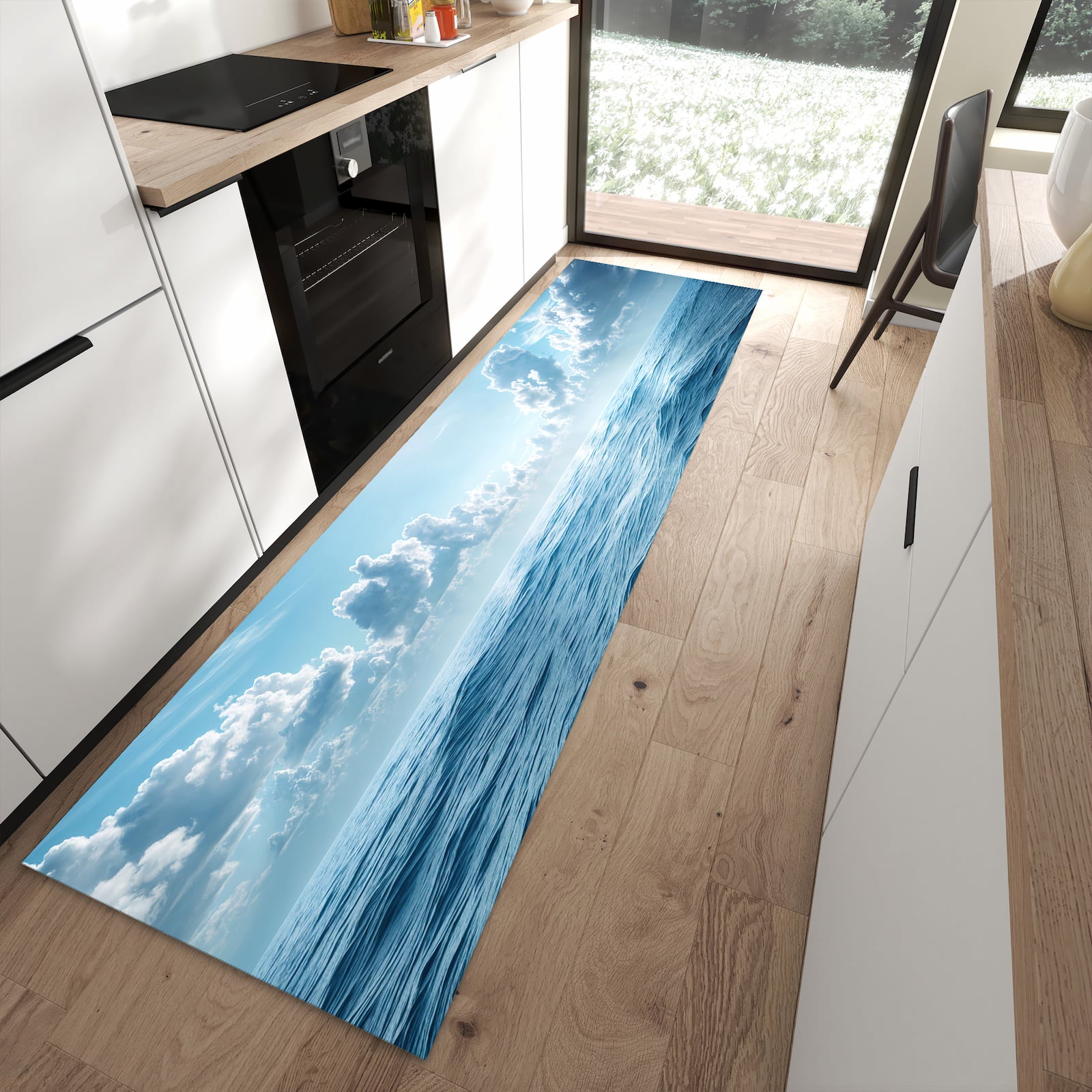 Feuchtigkeitsresistenter Küchenläufer mit Motiv Meerblick in moderner Küche