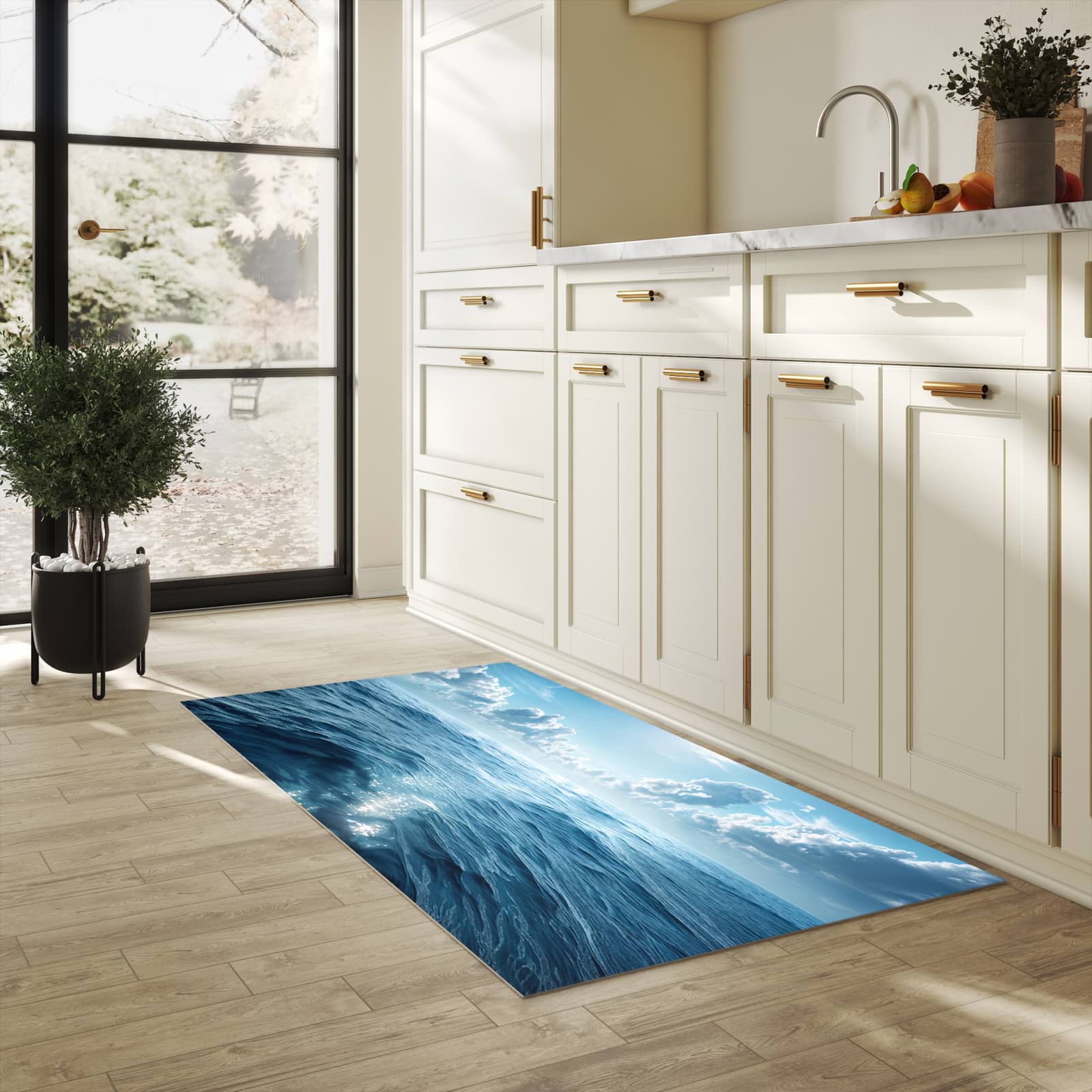 Geruchsneutraler Küchenläufer nach Maß mit Motiv Meerblick in heller Küche