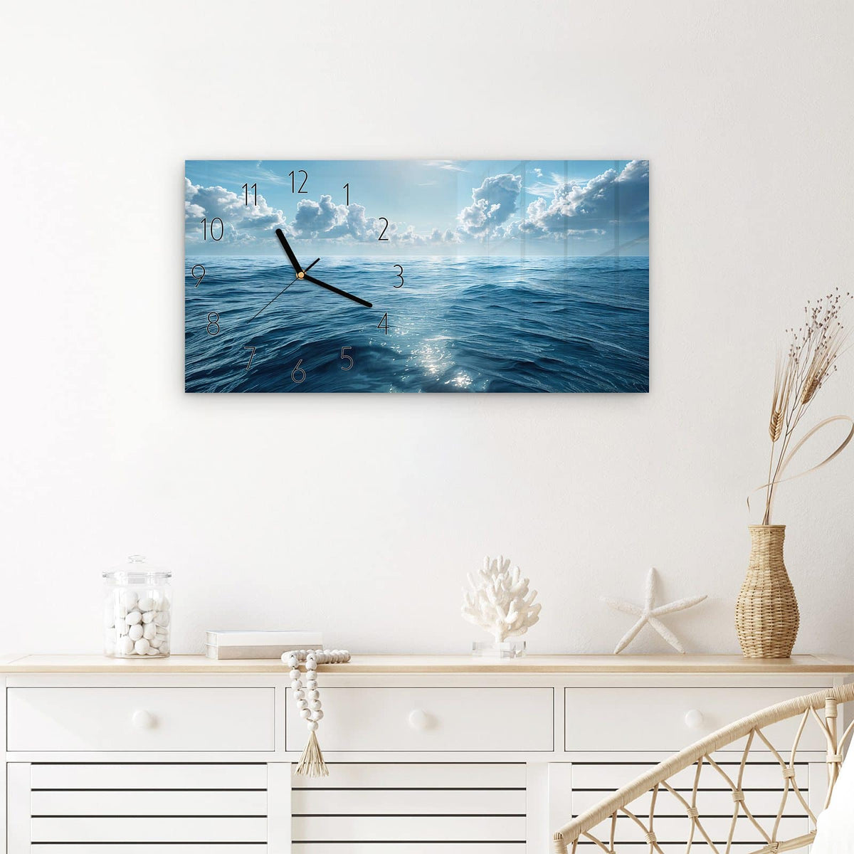 Wanduhr Meerblick aus Glas – Querformat 60 × 30 cm – Weiter Ozean unter Wolkenhimmel