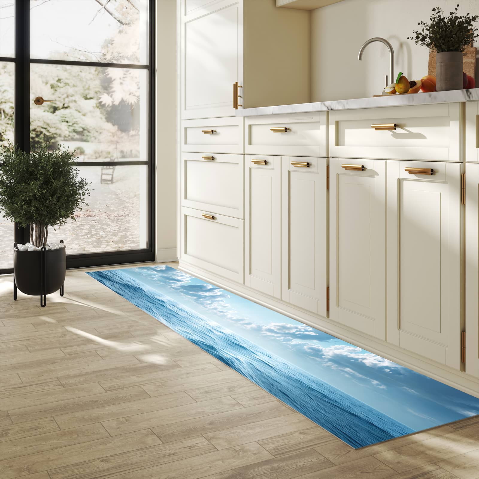 Abriebfester rutschfester Küchenläufer mit Motiv Meerblick in heller Küche