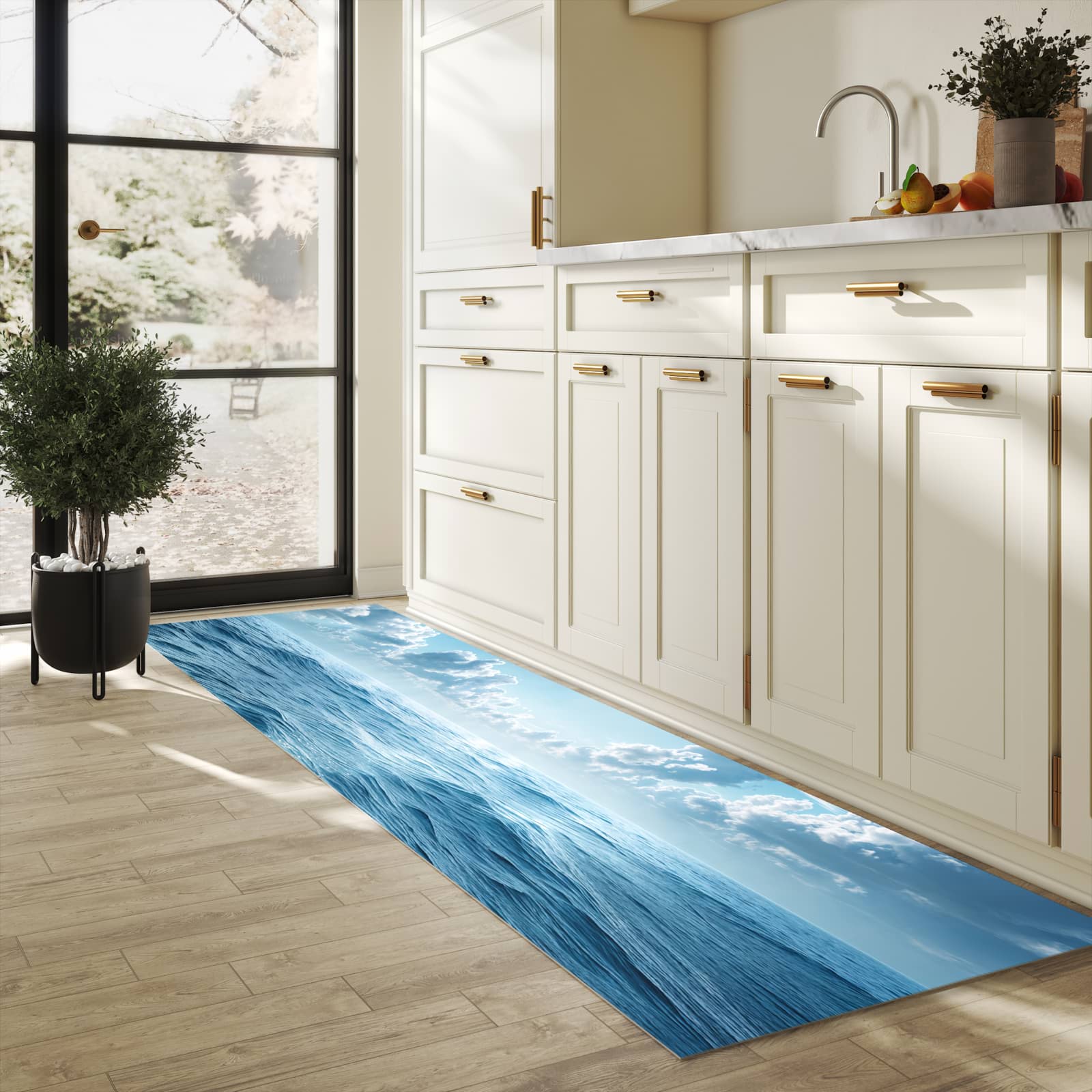 Schmutzabweisender moderner Küchenläufer mit Motiv Meerblick in heller Küche