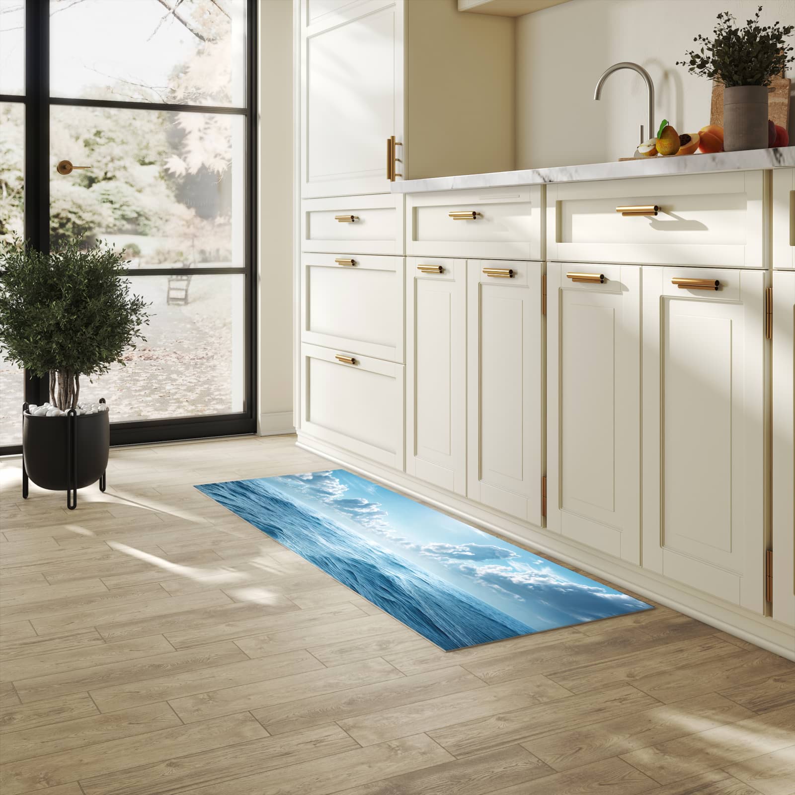 Küchenteppich mit Motiv Meerblick in heller Küche für sichere Aufbewahrung