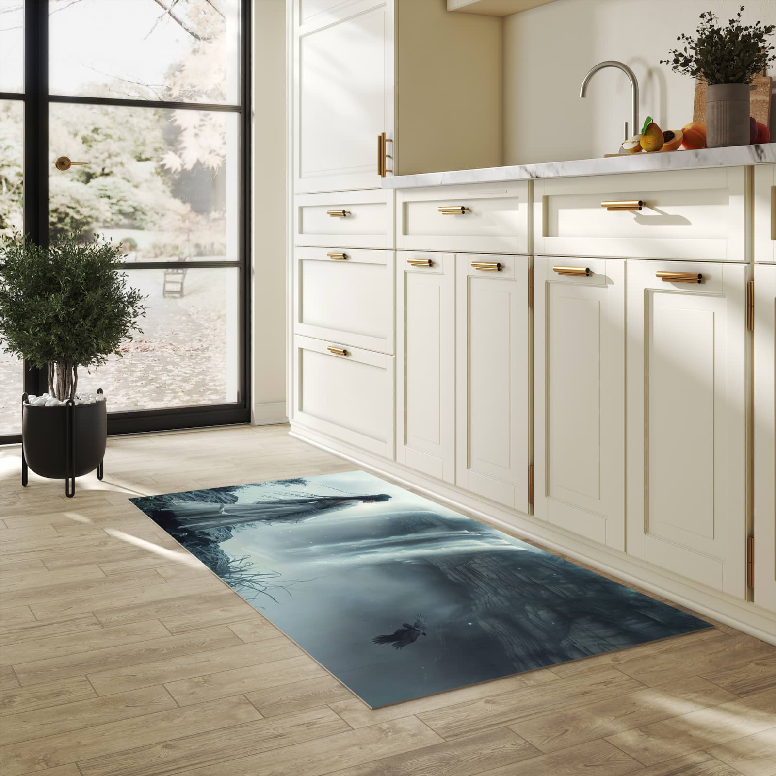 Waschbarer Küchenteppich mit Motiv Frau Am Wasserfall für Ordnung in heller Küche