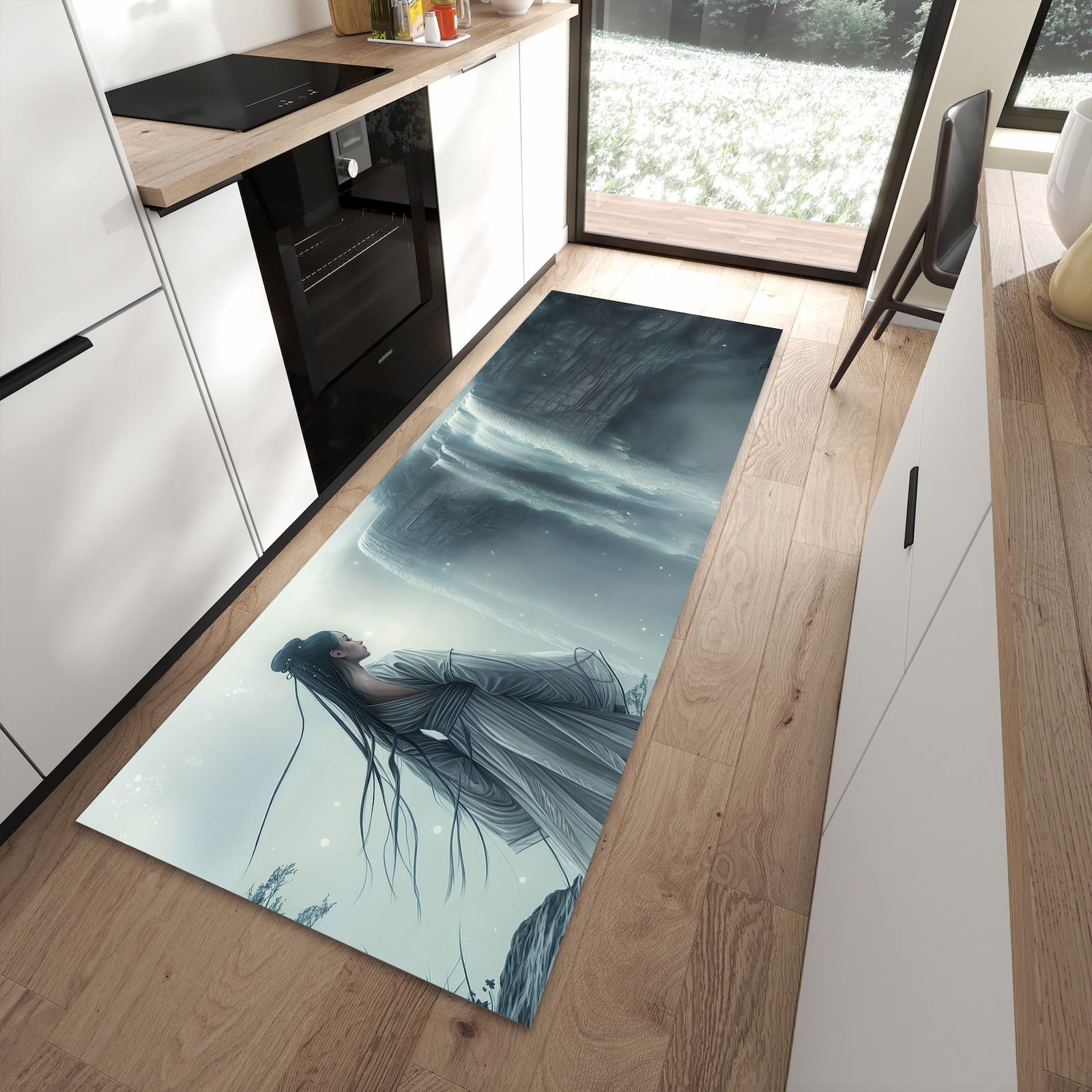 Pflegeleichter Küchenteppich mit Motiv Frau Am Wasserfall in moderner Küche