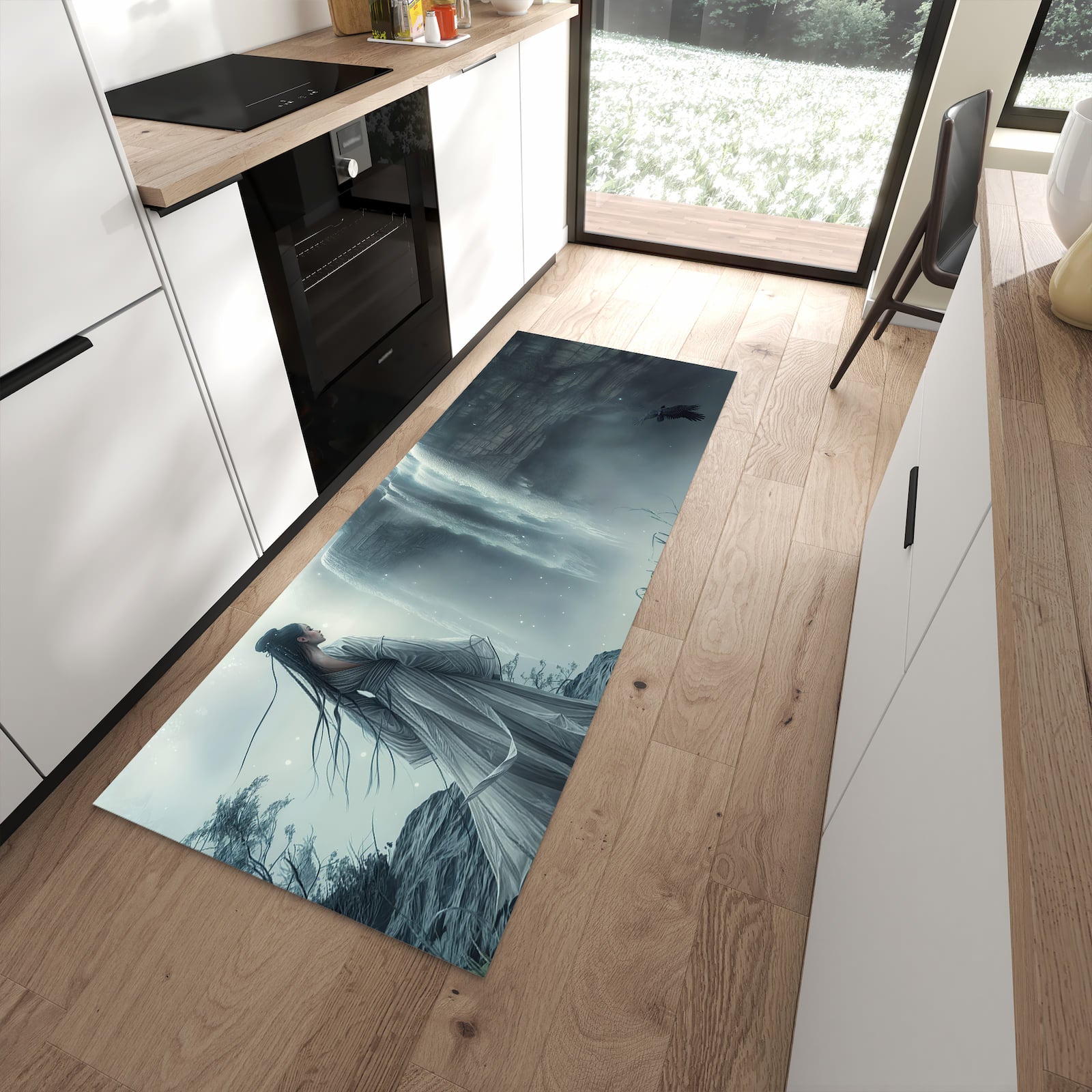 Fleckenresistenter rutschfester Küchenteppich mit Motiv Frau Am Wasserfall in moderner Küche