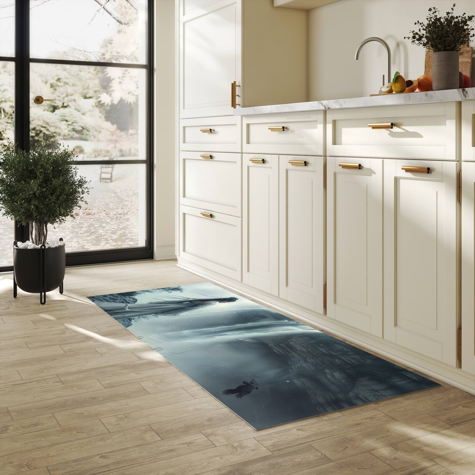 Langlebiger Küchenläufer mit Motiv Frau Am Wasserfall in heller Küche