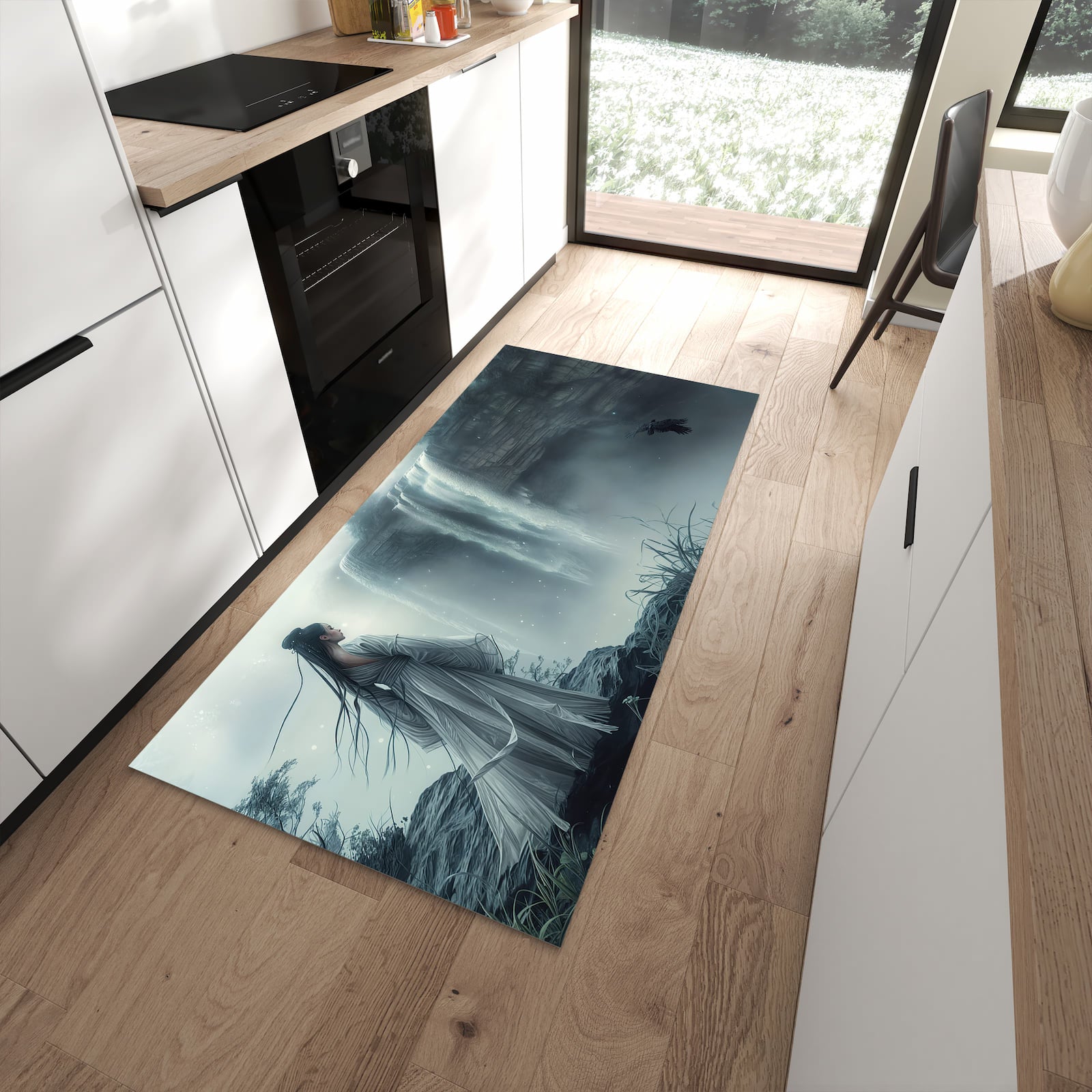 Flacher Küchenteppich mit Motiv Frau Am Wasserfall in moderner Küche - waschbar