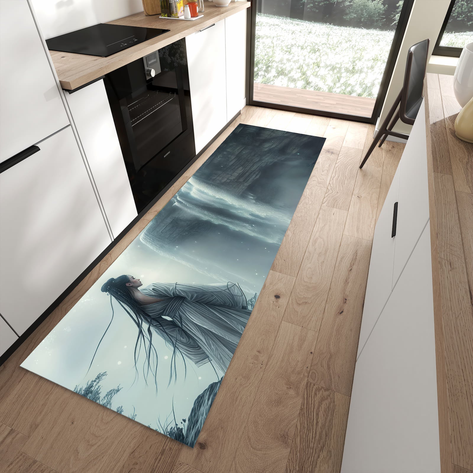 Schmutzabweisender Bodenläufer mit Motiv Frau Am Wasserfall in moderner Küche