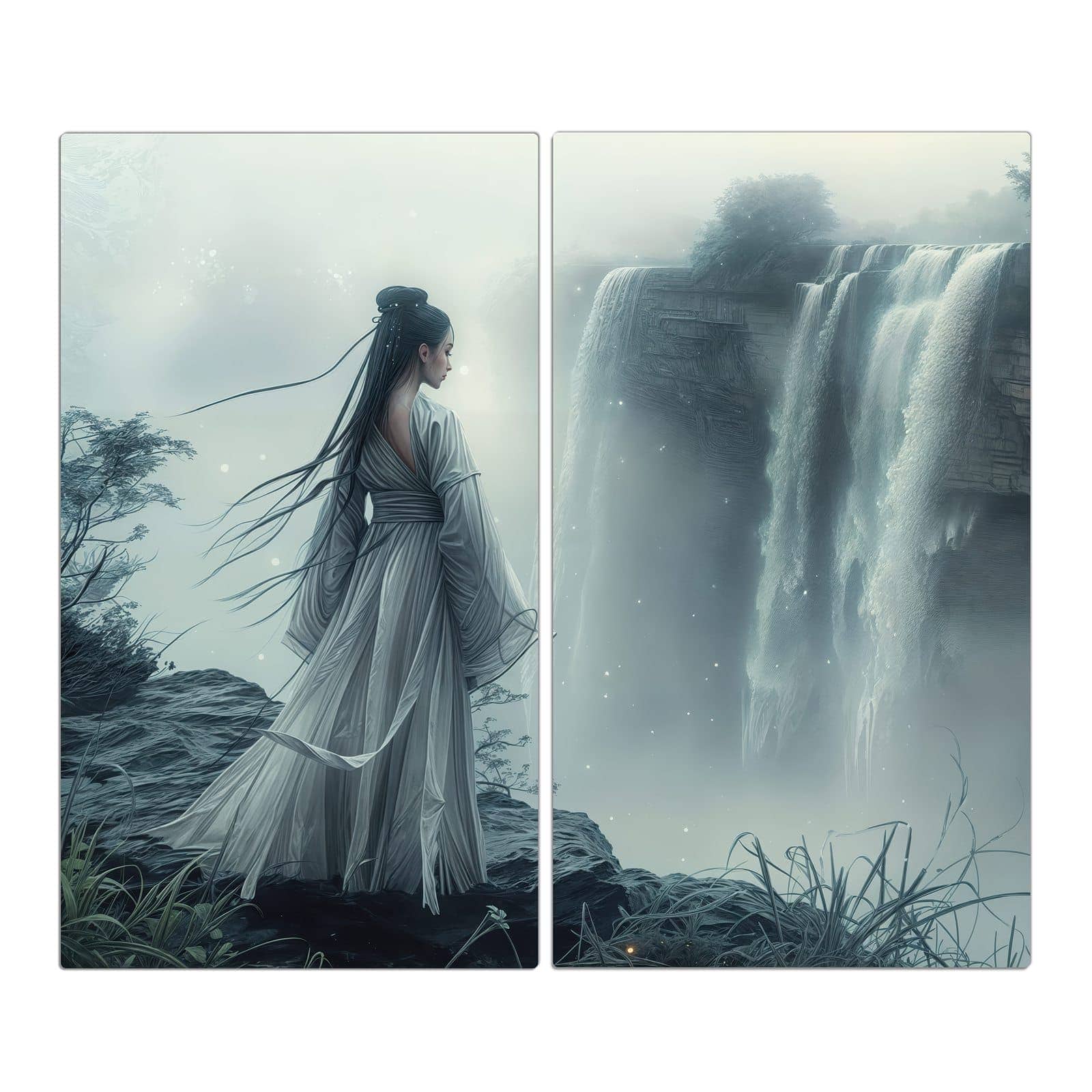 2-teilige Herdabdeckplatten aus Glas mit Frau Am Wasserfall-Motiv in der Frontansicht #grösse_2-Teilig (60x52cm)