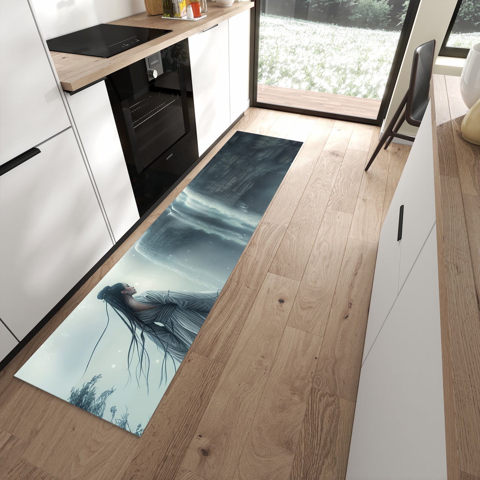 Abriebfester Küchenteppich mit Motiv Frau Am Wasserfall in moderner Küche