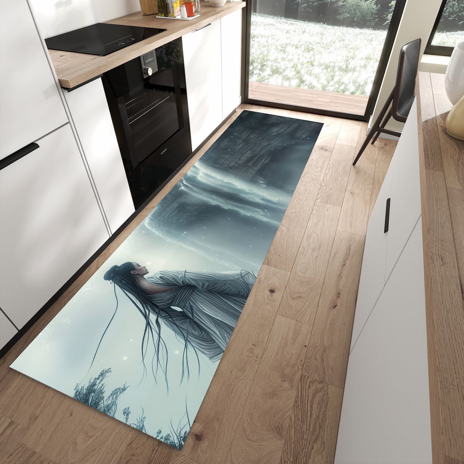 Geruchsneutraler Bodenläufer Teppich mit Motiv Frau Am Wasserfall in moderner Küche
