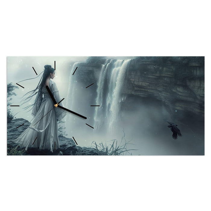 Wanduhr Frau Am Wasserfall aus Glas – Querformat 60 × 30 cm mit Ziffernblatt Linie