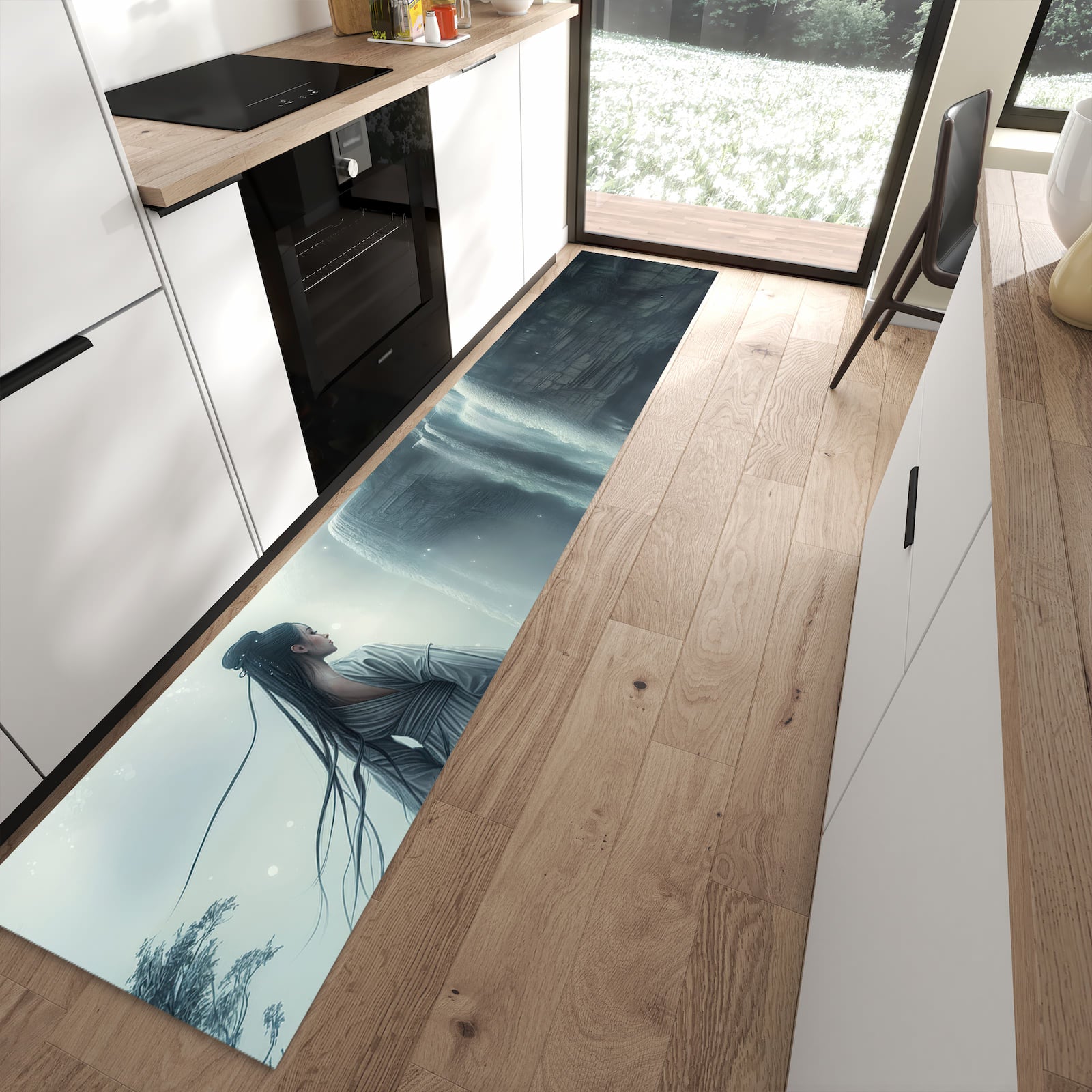 Küchenteppich mit Motiv Frau Am Wasserfall für Trittkomfort in moderner Küche, waschbar